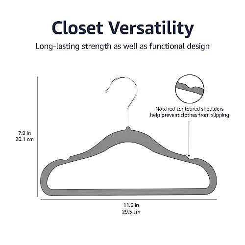 Amazon Basics Kids Velvet, Non-Slip Clothes Hangers for Infant and Toddler, 11.6 Inches (for baby clothes), Pack of 50, Gray