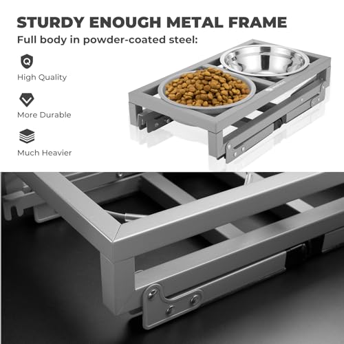 Veehoo Elevated Dog Bowls - Metal Stand with Slow Feeder & 2 Stainless Steel Food/Water Bowls, Non-Slip, Adjusts to 3.7"-12" for Large, Medium & Small Dogs, Grey