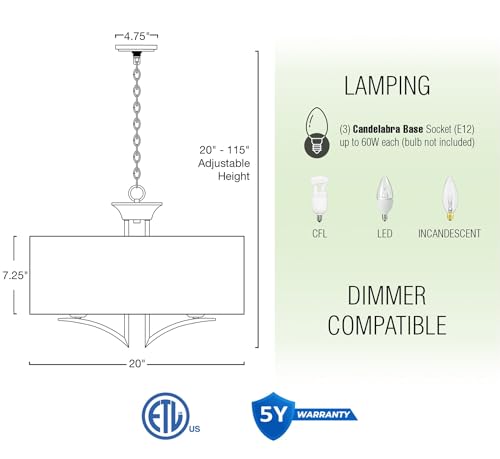 Kira Home Alondra 20" Modern 3-Light Drum Chandelier + Black Fabric Shade, Adjustable Height, Warm Brass Finish