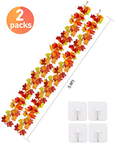wohohoho 6 Packs Fall Garland Maple Leaf, 5.9Ft/Pieces Fall Leaves Garland 7 Maple Leaves Hanging Vines for Autumn Decor Halloween Thanksgiving Christmas Indoor Outdoor Decorations