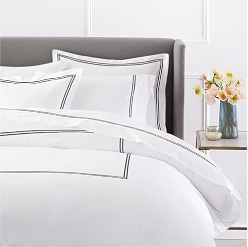 BedDecor Luxury Soft Brushed 400-Thread-Count Egyptian Cotton Embroidered Duvet Cover Set with Beautiful 2-Stripe Embroidery - (Black, Twin)