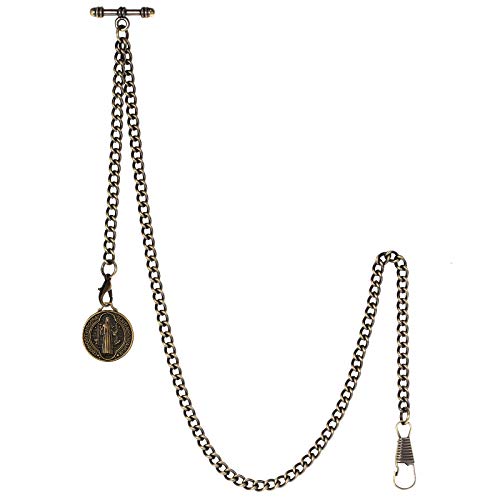 TREEWETO Men's Double Albert Chain Pocket Watch Curb Link Key Chain 2 Hooks with Antique St. Benedict Pendant Design Charm Fob T Bar, Bronze