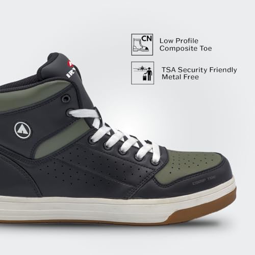 Airwalk Arena Mid Top Composite Toe Men’s Industrial Work Shoes, Black/Olive, Size 10, Medium, Comfortable & Light Work Shoes for Men, Electric Hazard, Slip Resistant