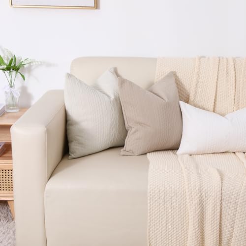 Cikary Decorative Throw Pillow Covers 16x16 Set of 2 for Sofa Bed with Raised Twisted Rope Pattern, Stretchy Embossed Couch Pillow Covers, Beige