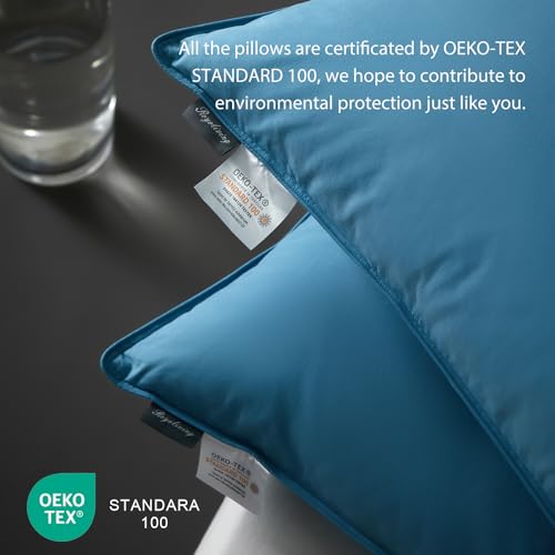 Royoliving Premium Feather Down Bed Pillows for Sleeping Queen Size - 100% Cotton Fabric, Medium Firm, Soft Support Surround (Grey, 30"×20")