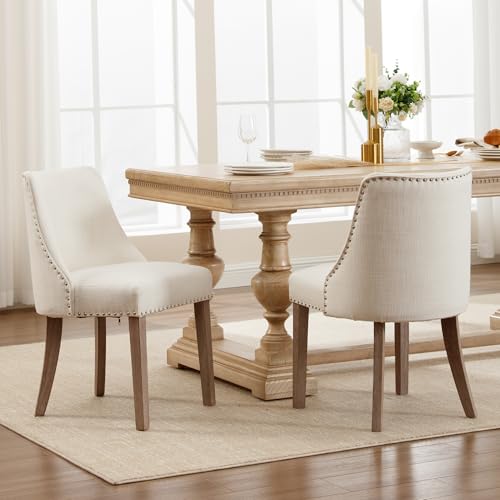 DM Furniture Mid Century Modern Dining Chairs Set of 2 Upholstered Linen Fabric Accent Chairs Wooden Side Chair for Living Room/Dining Room/Bedroom, Cream