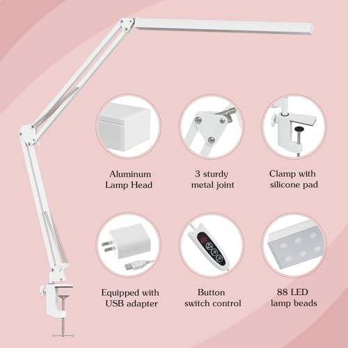 BZBRLZ LED Desk Lamp, Manicure Table Lamp, 16" Lamp Head, Dimmable Eye-Caring Drafting Light with 3 Color Modes, 10 Brightness Levels & Adapter, Memory Function(White)