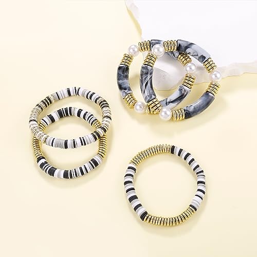 Black grey Bamboo Tube Bangles Bracelet Chunky Curved Stacking Clear Acrylic Colorful Beads Stretchable Friendship Gold Bracelets Gifts For Bestfriends, Couple