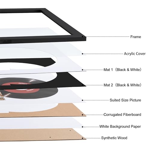 eletecpro Record Frame 16x24 Inches with 2 Double Sided Mats (Black & White), Jukebox Record Album Frames for 12x12 LP Covers, Vinyl Record Display Wall Mounting, Home Decor, Black Picture Frame