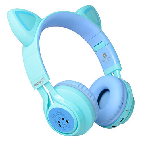Riwbox Kids Headphones, CT-7S Cat Ear Bluetooth Headphones 85dB Volume Limiting,LED Light Up Kids Wireless Headphones Over Ear with Microphone for Laptop/PC/TV(Blue&Green)