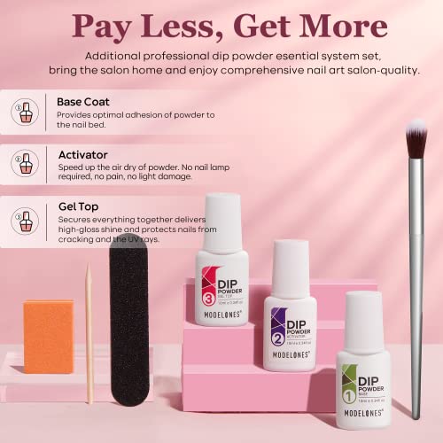 Modelones Dip Powder Nail Kit Starter, 4 Colors Nude Pink Bubble Bath Glitter Snow White Skin Nail Dip Powder Kit with Dip Powder Liquid Set Base Top Activator DIY Kit