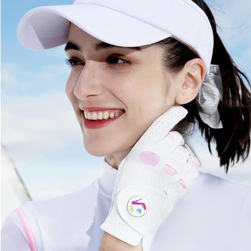 FINGER TEN Women’s Leather Golf Glove with Ball Marker Extra Grip 1 Pack, Left Right Hand Pink Fit Woman Girl, Size Small Medium Large XL (Small, Left)
