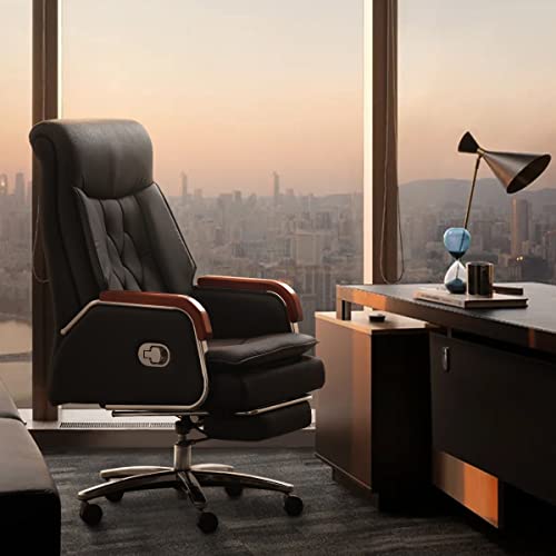 Kinnls Cameron Massage Chair Genuine Leather Executive Office Chair for Long Hours Ergonomic Home Chair Fully Reclining with Pillow,Retractable Footrest and Adjustable Headrest (Cowhide Leather-Black)