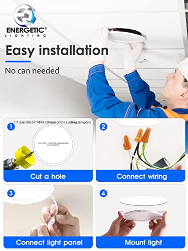 Energetic 6 Pack 6 Inch 5CCT Ultra-Thin LED Recessed Ceiling Light with Junction Box, 2700K/3000K/4000K/5000K/6500K Selectable, 12W 120W Eqv, 900LM, Dimmable Canless Wafer Downlight, IC Rated, ETL&FCC
