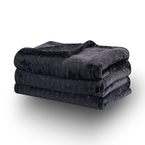 KORBLISS Super Soft Flannel Throw Blanket 50x60 Inches, Premium Gold Glitter Stripes Silky Fleece Lightweight Bed Blanket All Season Use, Black, 50"x60"