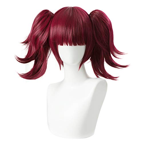 LABEAUTÉ Short Curly Red Pigtails Wig with Bangs for Women Girls Cosplay Wig for Halloween + Free Cap