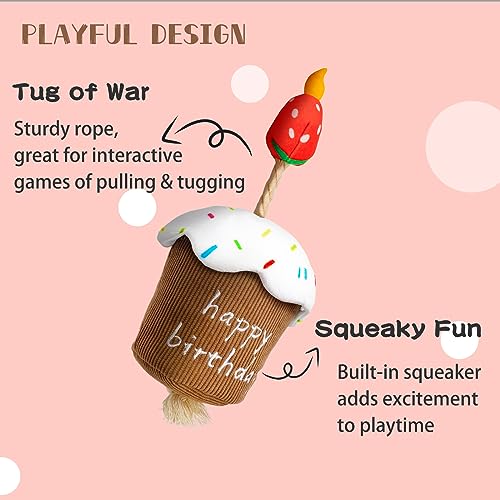 REQIHO Dog Birthday Toys - Plush Squeaky Cake Dog Toy, Strawberry Birthday Gift