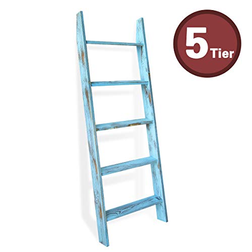 Honest Ladders for Living Room, 5-Tier Blanket Holder, Wall-Leaning Rack, Ladder Shelves, Wooden Quilt Ladder, Farmhouse Decor, Blue