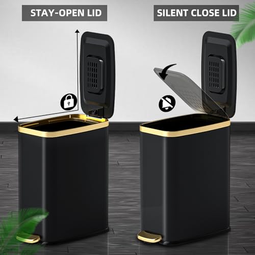CEROELDA Small Bathroom Trash Can with Lid Soft Close-5L/1.3 Gal Slim Garbage Can-Metal Step Wastebasket-Rectangle Narrow Waste Bin for Office, Bedroom, Toilet, Live Room-Black