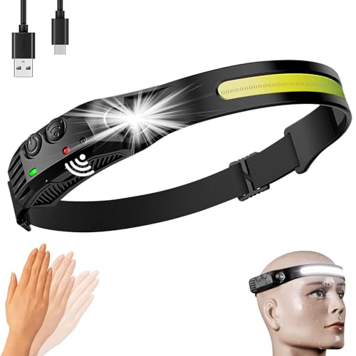 Rechargeable LED Headlamp,COB230° Wide Beam, 5 Modes of Lightweight Headlamps with Motion Sensors, Type-C USB Charging,Suitable for Night Running, Fishing, Cycling, Camping.