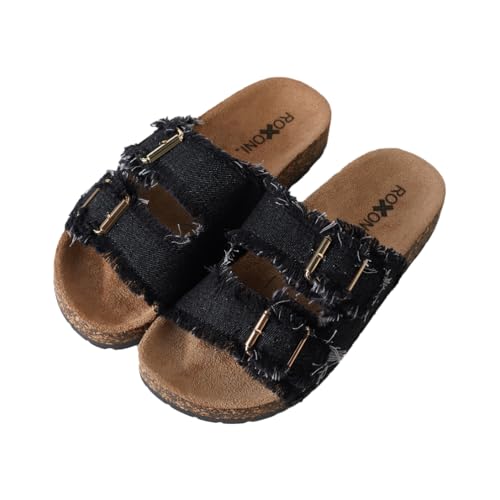 Roxoni Women's Comfort Flat Sandals Double Buckle Adjustable Straps Flat Slides Footbed Suede
