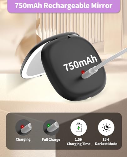 wobsion Travel Mirror with Light, Rechargeable 1x/10x Compact Magnifying Mirror, Dimmable Pocket Mirror,Handheld 2-Side Mirror with Light,4inch Travel Size,Portable for Handbag,Purse,Gift,Black