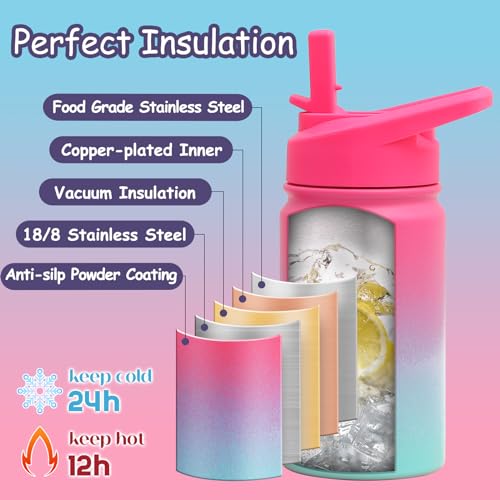 Mininoo Insulated Kids Water Bottle, 12 oz Stainless Steel Water Bottle Kids with Straw Lid and Chug Lid for Girls, Boys (Punch/Green)
