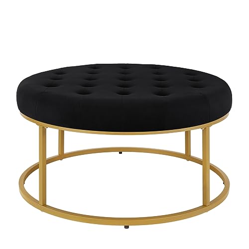 24KF Middle Century Upholstered Tufted Coffee Table with Velvet Padded Seat, Large Round Ottoman with Golden Metal Frame -5090-G-Blush