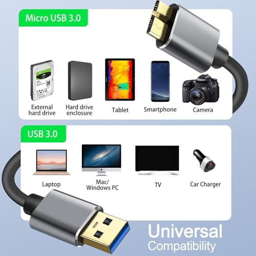 Micro B Cable, USB 3.0 A Male to Micro USB 3.0 Sync Cord,Data Wire Compatible for Toshiba,Seagate,Samsung,My Passport and More External Hard Drive(1.5fts/40cm/Black&Gold)
