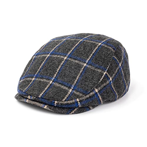 The Original Boston Scally Cap - Original Newsboy Flat Cap - Single Panel Cotton Fitted Hat for Men - Blue and White Plaid - XXXL