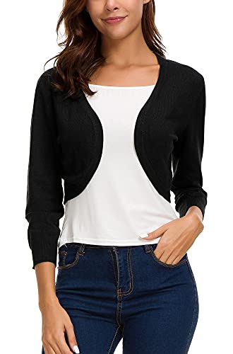 Women's Lightweight Knit Cropped Cardigan 3/4 Sleeve V-Neck Open Front Bolero Shrug for Dresses and Casual Wear (L, Apricot)