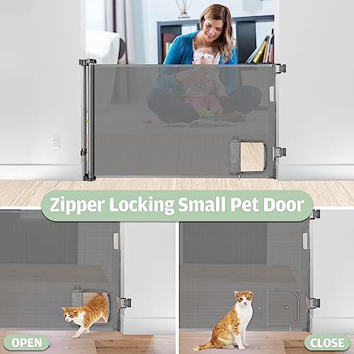 Retractable Baby Gate with Pet Door (55” Wide x 35” Tall) Retractable Dog Gate with Cat Door Indoor Outdoor Mesh Pet Gate for Cats/Puppy/Doggy/Toddler, Cat Safety Gate for Stairs and Doorways(Grey)