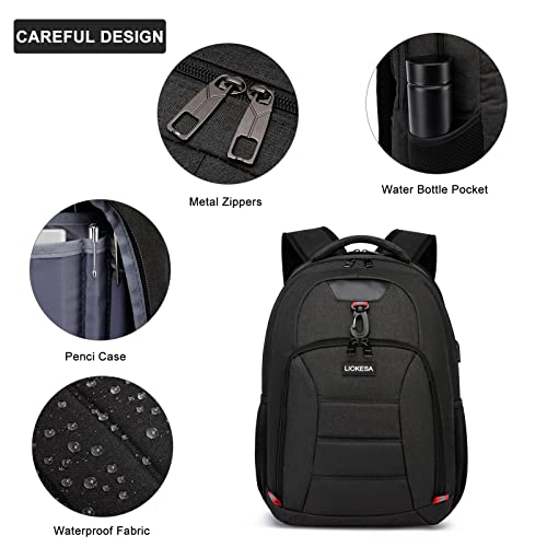 Liokesa Laptop Backpack for Men Women, School Backpacks for Teen Boys Girls, Black Backpack with USB Charging Port, 15.6 Inch Water Resistant College Bookbag Daypack