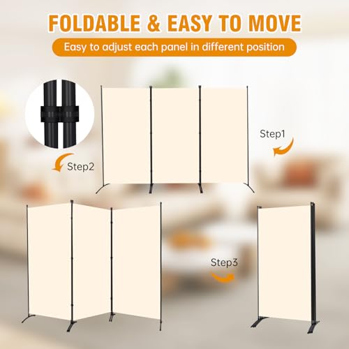 CHOSENM 3 Panel Folding Privacy Screens, 6 FT Tall Wall Divider with Metal Frame, Freestanding Room Divider for Office Bedroom Study (3 Panel, Beige)