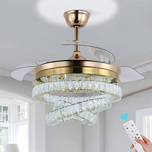 diisunbihuo 42" Gold LED Fandeliers with Lights Dimmable Crystal Ceiling Fan with Lights Individual 3 LED Color Change with Timi Memory Function