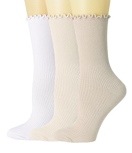 SRYL Ruffle Ankle Socks for Women's,Casual Cute Turn-Cuff Socks Soft Breathable Knit Cotton Lettuce Frilly Crew Socks Women/Girls (3 Pairs (white+light beige+khaki))