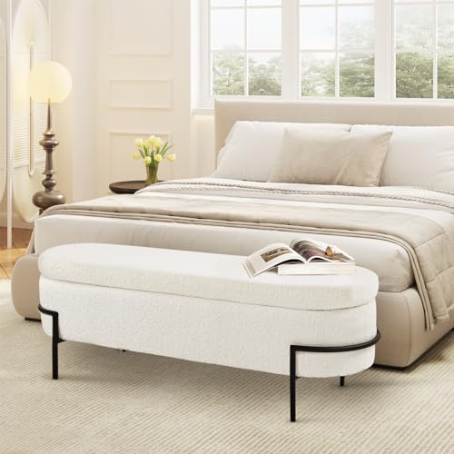 Beige Storage Ottoman Bench with Metal Stand, Upholstered Sherpa Stool with Large Storage Space, Modern Storage Bench for Living Room/Bedroom/End of Bed/Entryway/Bed Side, 52''L