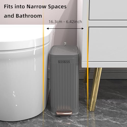 KSSKSS Small Bathroom Trash Can with Charcoal Filters Soft Close Lid, 6L / 1.6 Gallon Stainless Steel Garbage Can with Removable Inner Bucket, Foot Pedal Slim Trash Can for Bedroom, Home (Matt Black)