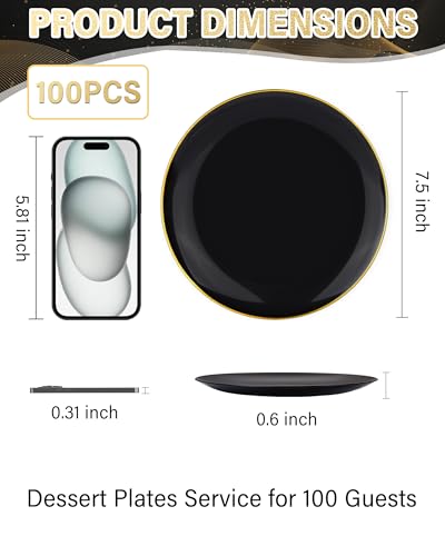 Nervure 100 Pieces Black Plastic Plates - 7.5inch Black Dessert Plates - Disposable Gold Plastic Plate - Disposable Plate Ideal for Wedding & Father's Day & New Year