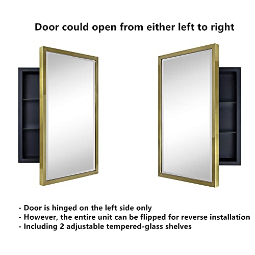 TEHOME Gold Metal Framed Recessed Bathroom Medicine Cabinet with Mirror Rectangle Tilting Beveled Vanity Mirrors for Wall 16 x 24 inches