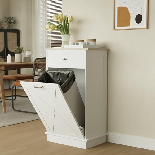 Puluomis Tilt Out Trash Cabinet-Free Standing Kitchen Waste Bin-Wooden Recycling Trash Cabinet with Drawer-Grey