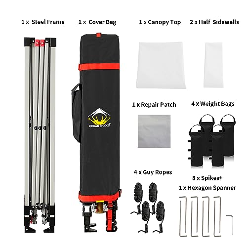 CROWN SHADES 10x10 Pop up Canopy Tent Instant Canopy with 150D Silver Coated Fabric Including 2 Half Sidewalls, 4 Ropes, 8 Stakes, 4 Weight Bags, STO 'N Go Bag, White