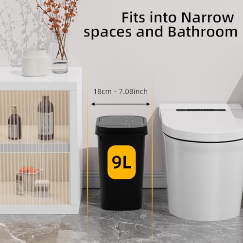KSSKSS 3 Pack Bathroom Small Trash Can with Lid, 2.6 Gallon Slim Garbage Bin with Pop-Up Lid, 10L Plastic Wastebasket with Press Top Lid for Bedroom, Office, Kitchen, Toilet (Black)