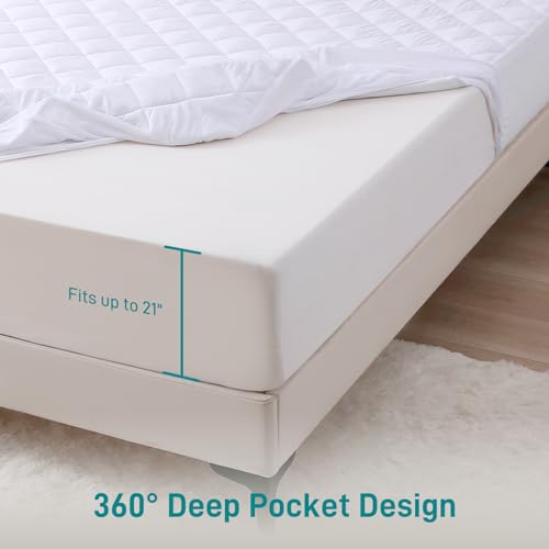 Waterproof Fitted Mattress Pad with Deep Pocket Up to 21", Breathable Hypoallergenic Quilted Mattress Protector, Washable Queen Size Mattress Cover