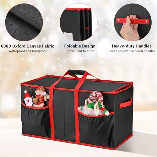 Christmas Ornament Storage Box, Mrrihand Xmas Decoration Organizer with Adjustable Dividers - Storage Container Keeps 128 Holiday Ornaments 3-Inch, Dual Zipper Closure, 600D Tear-Proof Material(Black)