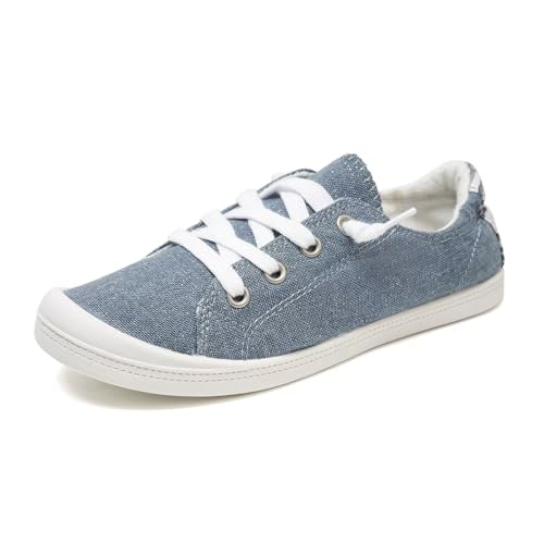 FUNKYMONKEY Women's Canvas Sneakers, Classic Low Top Comfort Lace up Slip-On Casual Flat Walking Shoes (6 M US, Denim/JD)