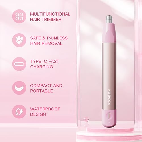 HEBECA Nose Hair Trimmer for Women 2in1 Facial Hair Removal Trimmer - Metal Body, Rechargeable, Waterproof, Portable - Nose, Ear, Eyebrow, Peach-Fuzz, Lips, Chin FT2001