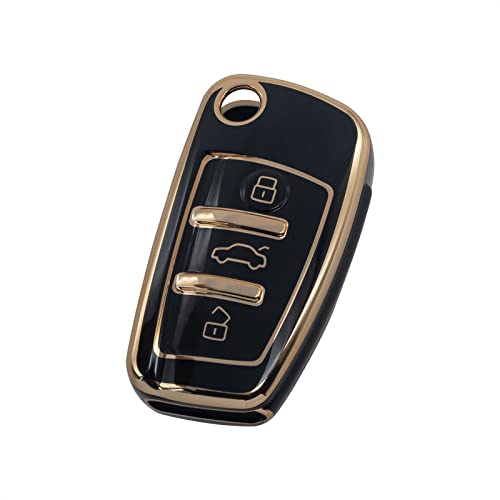 SK CUSTOM Black TPU Gold Edge Smart Key Fob Case Protective Cover Compatible with Audi A1 A3 A4 A5 A6 A8 Q3 Q5 Q7 R8 RS4 S3 S4 S5 S6 S8 TT 3 Button Keyless Car Remote Accessory