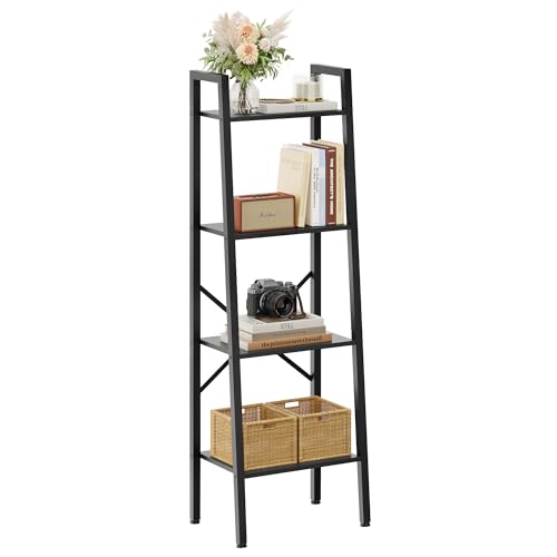 Hoctieon 4-Tier Industrial Ladder Bookshelf, Narrow Ladder Shelf, Tall Standing Bookshelf, Skinny Open Ladder Shelf, for Living Room, Home Office, Kitchen, Bedroom, Metal Frame, Black