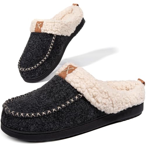 LongBay Women's Felt Sherpa Bedroom Slippers, Wool-Like Memory Foam House Shoes with Plush Fleece Lining, Slip-On Moc Clogs for Indoor Outdoor Black,5-6